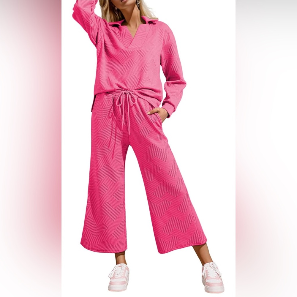SHEWIN 2 Piece Set Collared V Neck Long Sleeve Top Lounge Set.